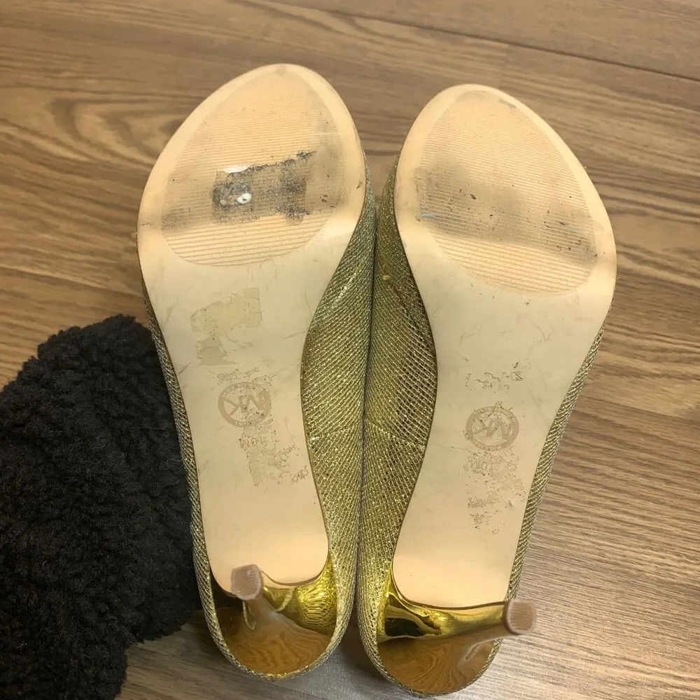 Michael Kors York Pump Open Toe Platform Glitter Silver Gold Size 10M Peep‎ Toe